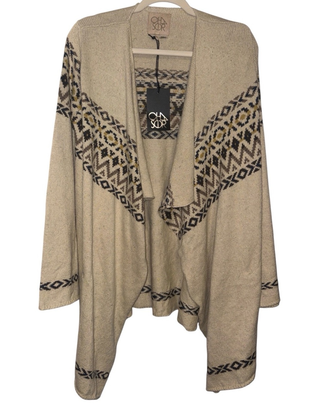 Chaser Beige Fair Isle Drape Open-Front Cardigan with Black & Brown Accents
